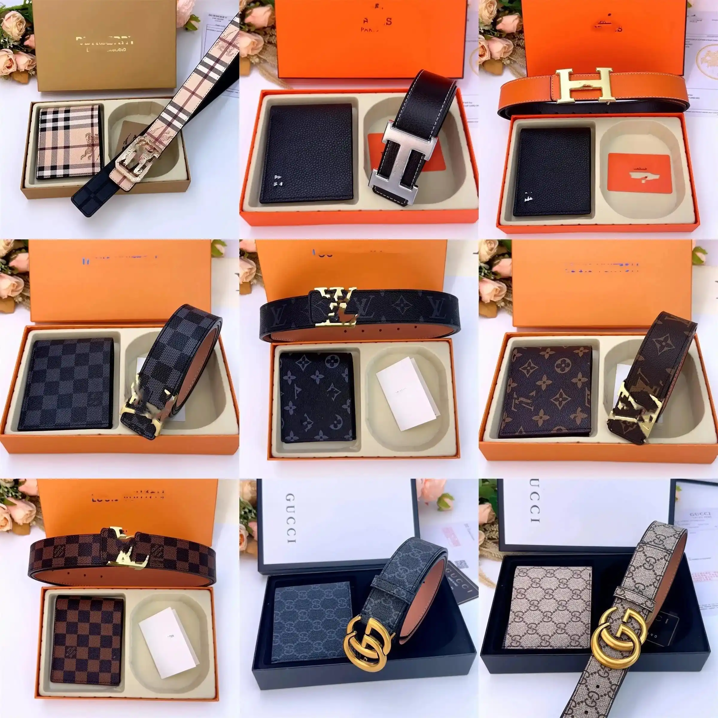 Burberry Check / Hermès H / Louis Vuitton Monogram & Damier / Gucci GG Supreme Belt & Wallet Set — Hermès 1:1 rep bag specialty batch · DHL from Guangzhou, China