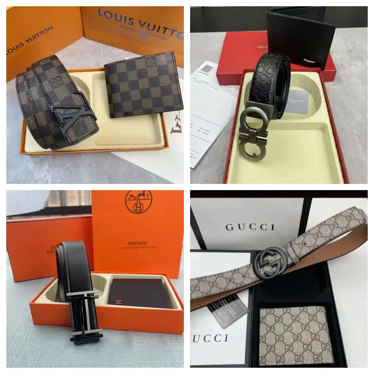 Louis Vuitton Damier Ebene Belt & Wallet / Gucci GG Supreme Belt & Wallet / Hermès H Buckle Belt & Wallet / Salvatore Ferragamo Gancini Belt & Wallet, Hermès 1:1 rep bag specialty batch · DHL from Guangzhou, China